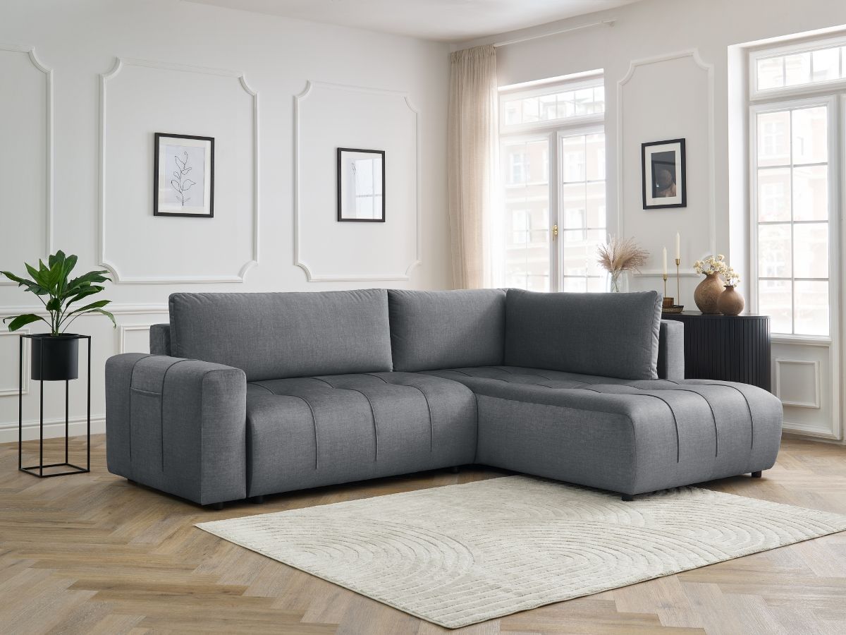 Bobochic Arsene Ecksofa mit Schlaffunktion und Bettkasten 277 × 200 cm Samt Dunkelgrau Ecke rechts