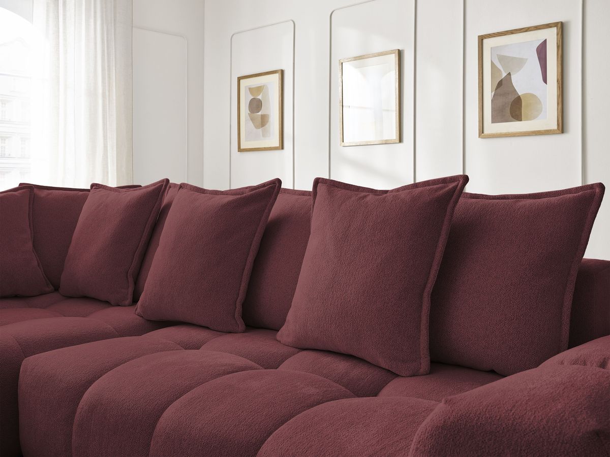 Bobochic Everest Ecksofa mit Schlaffunktion und Bettkasten 320 × 212 cm, 10 Kissen Melange-Stoff Rot Ecke links