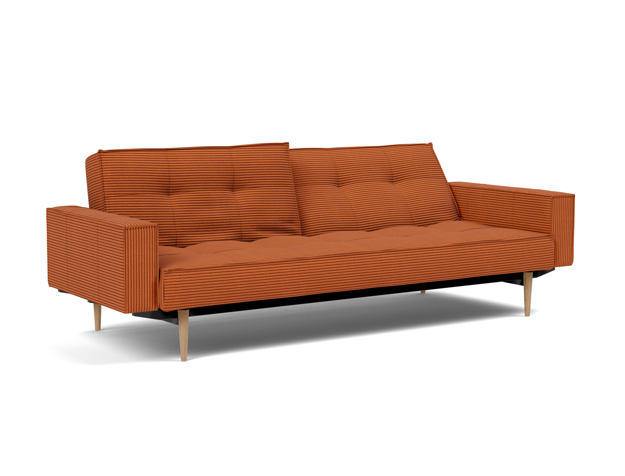 Schlafsofa Splitback mit Armlehnen Kord Corduroy 595-Burnt-Orange Beine Styletto Eiche hell