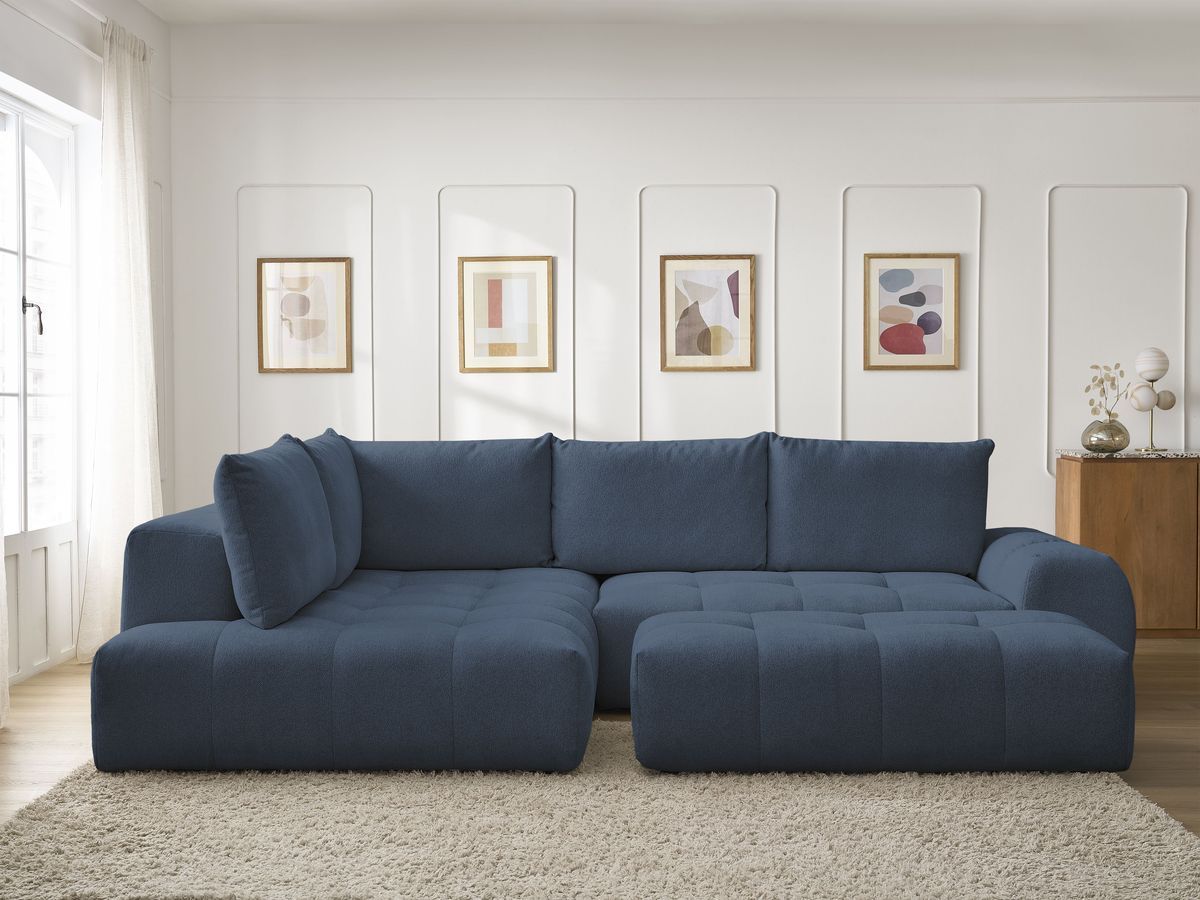 Bobochic Everest Ecksofa mit Schlaffunktion und Bettkasten und Pouf 320 × 212 cm, 5 Kissen Melange-Stoff Dunkelblau Ecke links