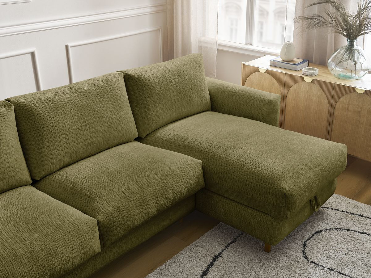 Bobochic Cocoone Ecksofa mit Schlaffunktion und Bettkasten Strukturstoff Grün, Liegefläche 140 × 200 cm