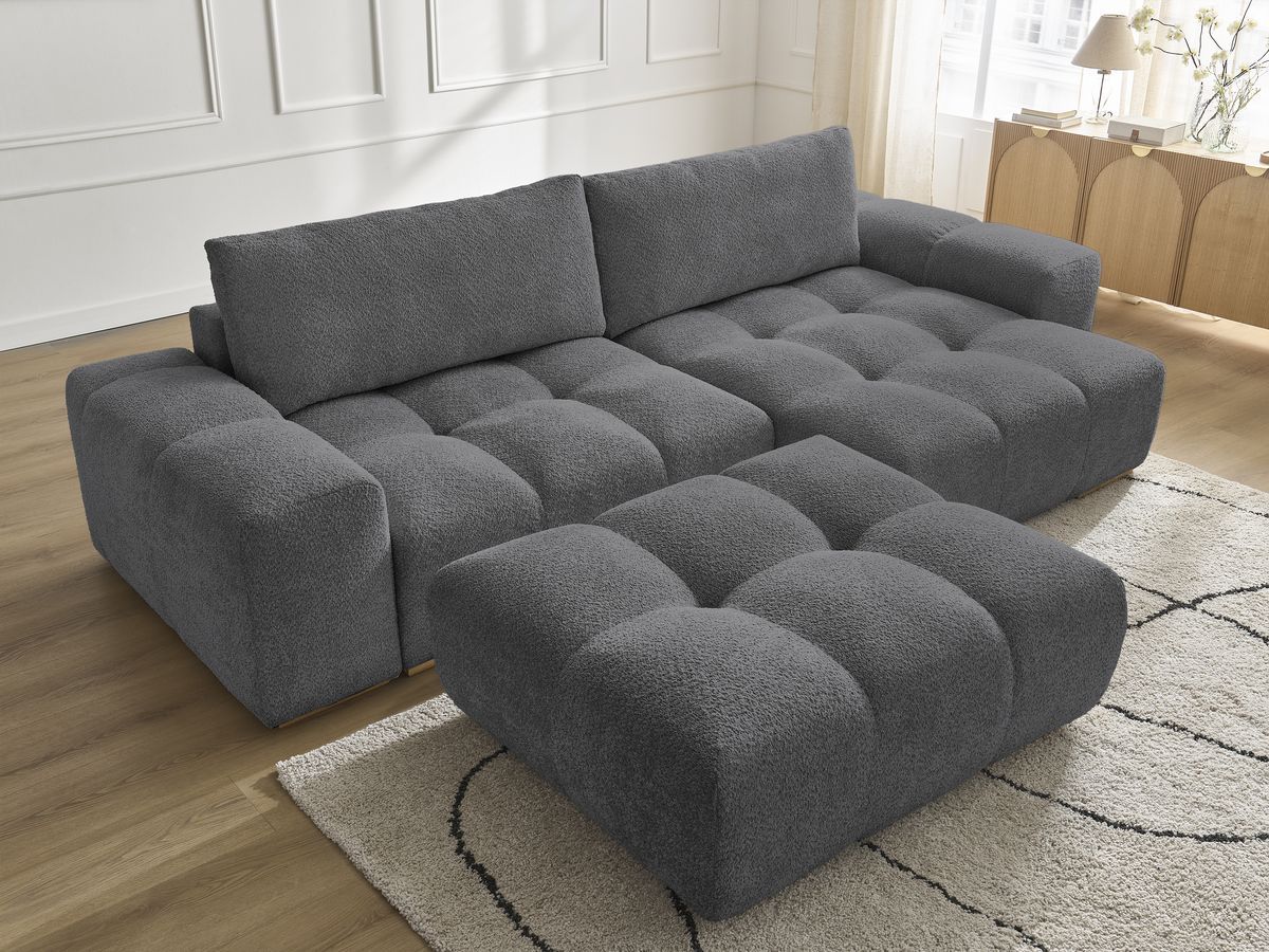 Bobochic Anakin Ecksofa mit Pouf, 2 Kissen Bouclé-Stoff Dunkelgrau