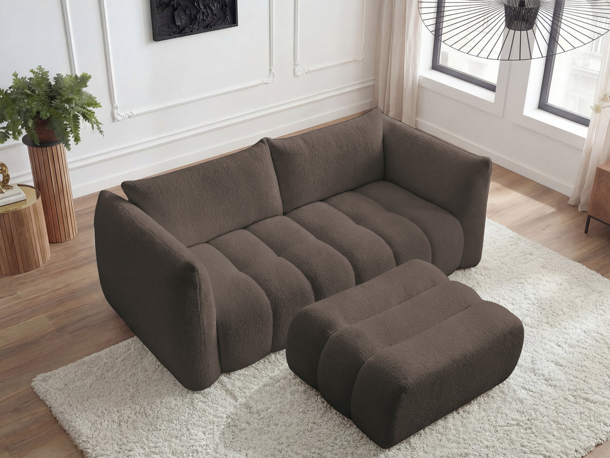 Bobochic Azra Sofa 3-Sitzer mit Pouf Bouclé-Stoff Braun