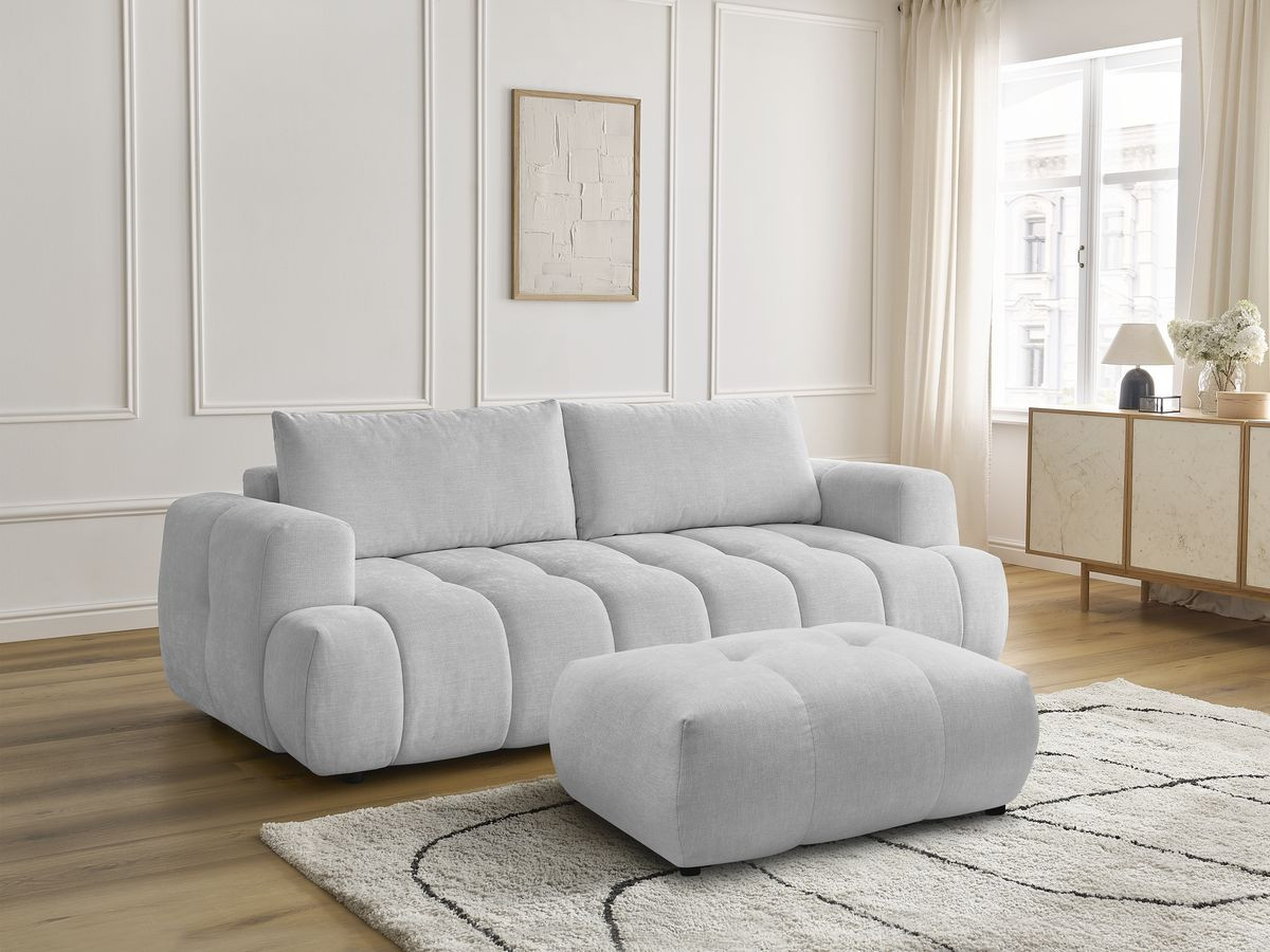 Bobochic Fuji Schlafsofa 3-Sitzer mit Bettkasten und Pouf Stoff Hellgrau