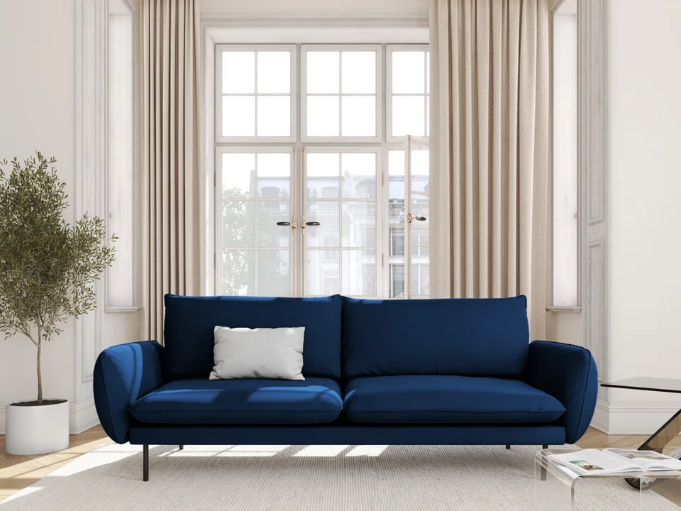 Cosmopolitan Design Sofa Vienna 3-Sitzer Samt Bluvel Königsblau Beine Schwarzes Metall