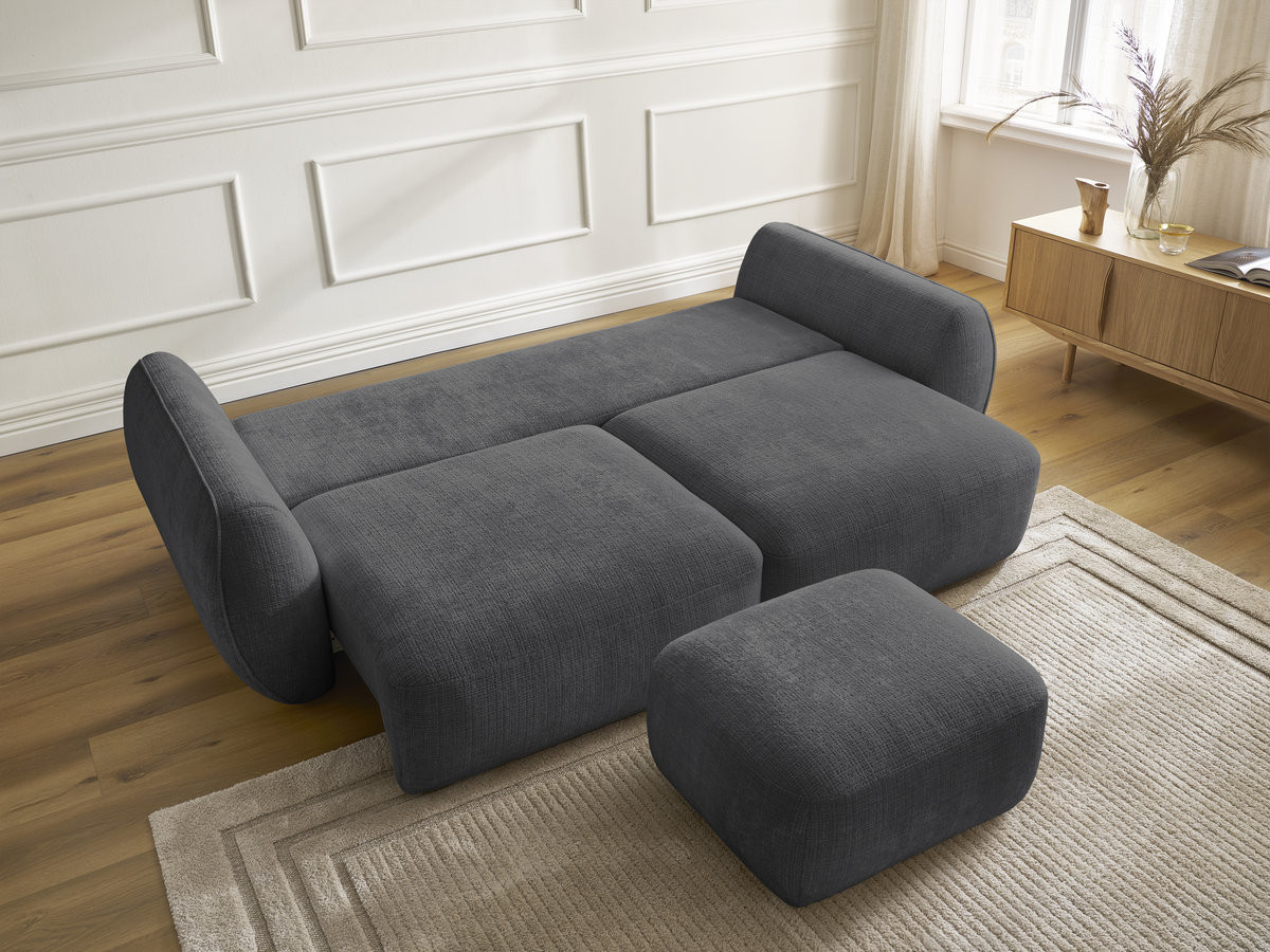 Bobochic Denise Schlafsofa 3-Sitzer mit Bettkasten und Pouf Strukturstoff Schwarz