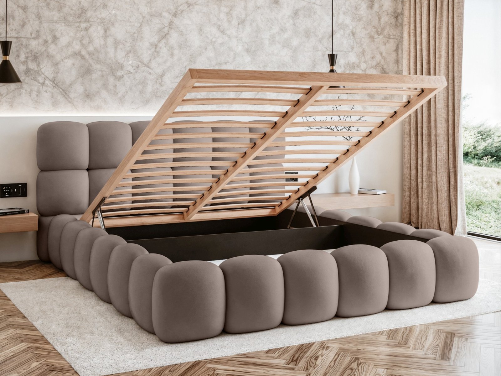 Polsterbett Vento Samtstoff 180x200 mit Holzrahmen Piano 05 Hellbraun