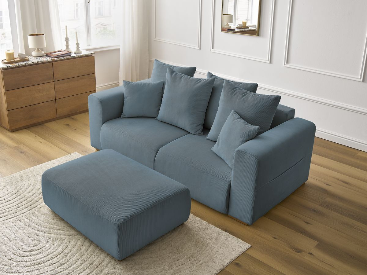 Bobochic Sidonie Sofa 3-Sitzer mit Pouf Cordsamt Dunkelblau