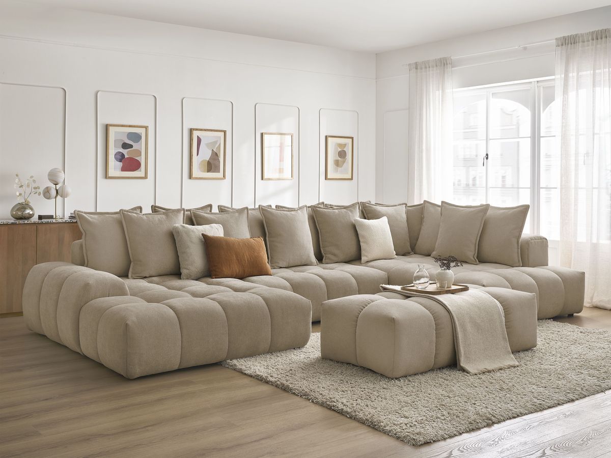 Bobochic Everest Wohnlandschaft mit Pouf, 14 Kissen Strukturstoff Taupe Ecke links