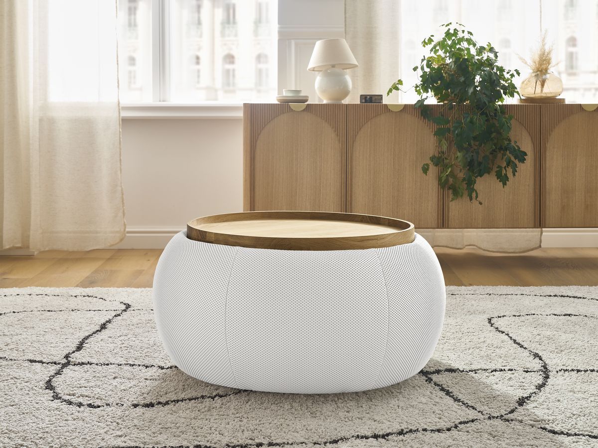 Bobochic Hayden Pouf mit Tablett, rund Mesh-Stoff Weiß, 77 cm