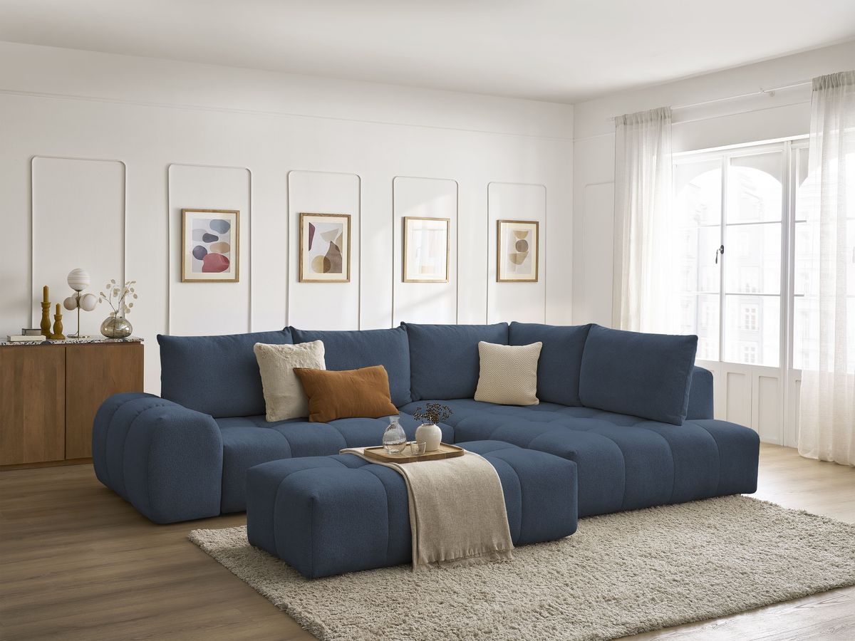 Bobochic Everest Ecksofa mit Schlaffunktion und Bettkasten und Pouf 320 × 212 cm, 5 Kissen Melange-Stoff Dunkelblau Ecke rechts