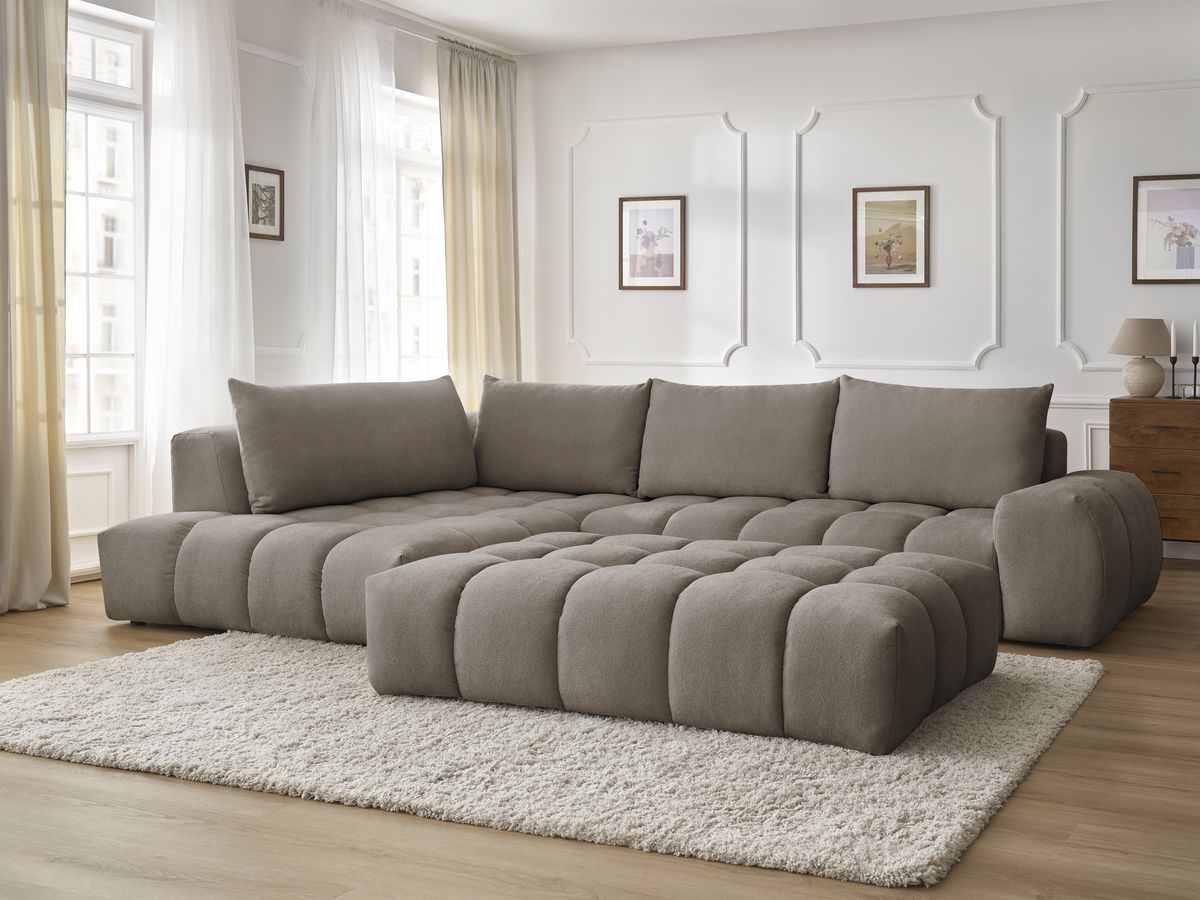 Bobochic Everest Ecksofa mit Schlaffunktion und Pouf, 4 Kissen Strukturstoff Taupe Ecke links