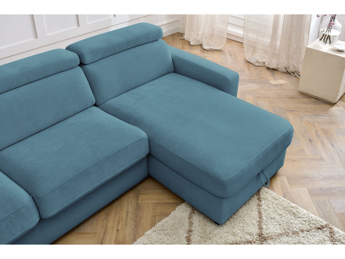 Bobochic Monaco Ecksofa mit Schlaffunktion und Bettkasten Stoff Hellblau, Liegefläche 160 × 190 cm