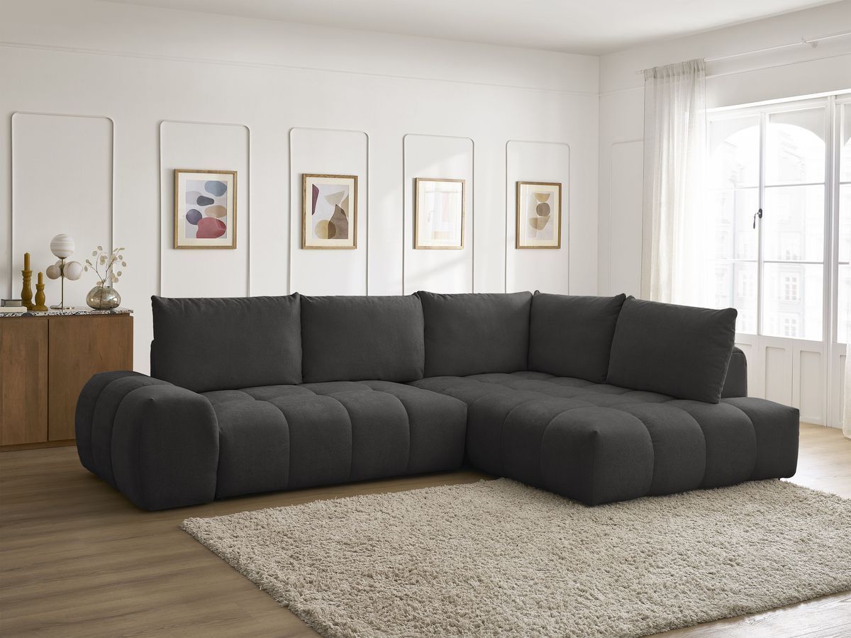Bobochic Everest Ecksofa mit Schlaffunktion und Bettkasten 320 × 212 cm, 5 Kissen Strukturstoff Schwarz Ecke rechts