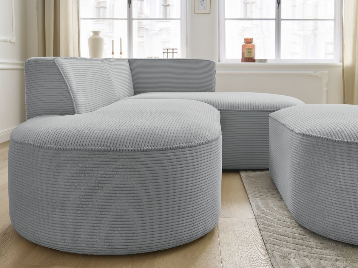 Bobochic Rousseau Ecksofa mit Pouf Cordsamt Hellgrau Ecke rechts
