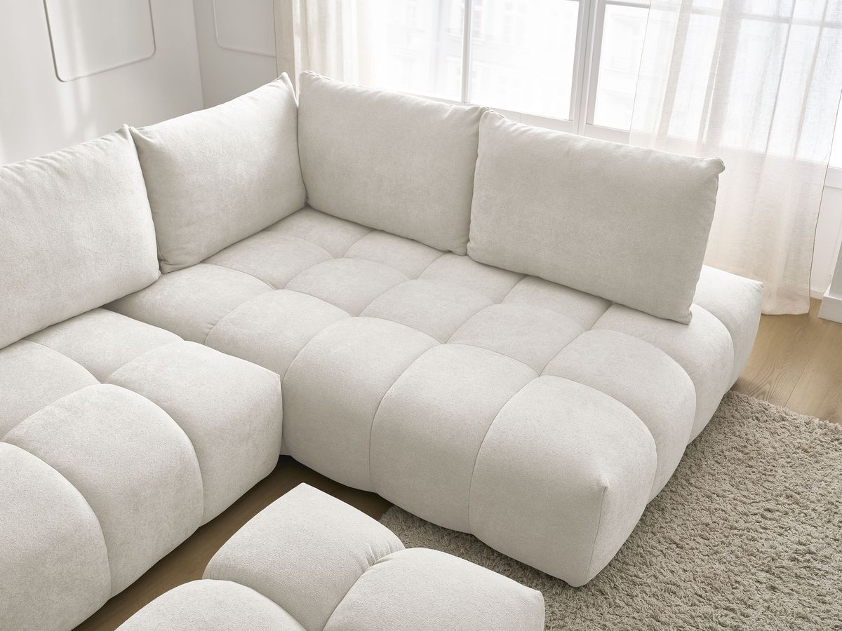 Bobochic Everest Ecksofa mit Schlaffunktion und Bettkasten und Pouf 320 × 212 cm, 5 Kissen Strukturstoff Weiß Ecke rechts