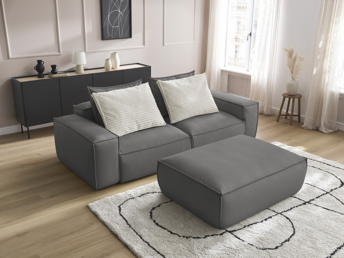 Bobochic Boheme Sofa 4-Sitzer mit Pouf Kunstleder Dunkelgrau