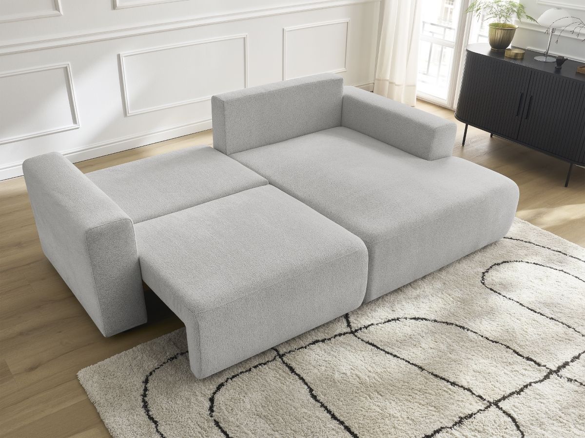 Bobochic Atilla Ecksofa mit Schlaffunktion und Bettkasten Melange-Stoff Hellgrau Ecke rechts