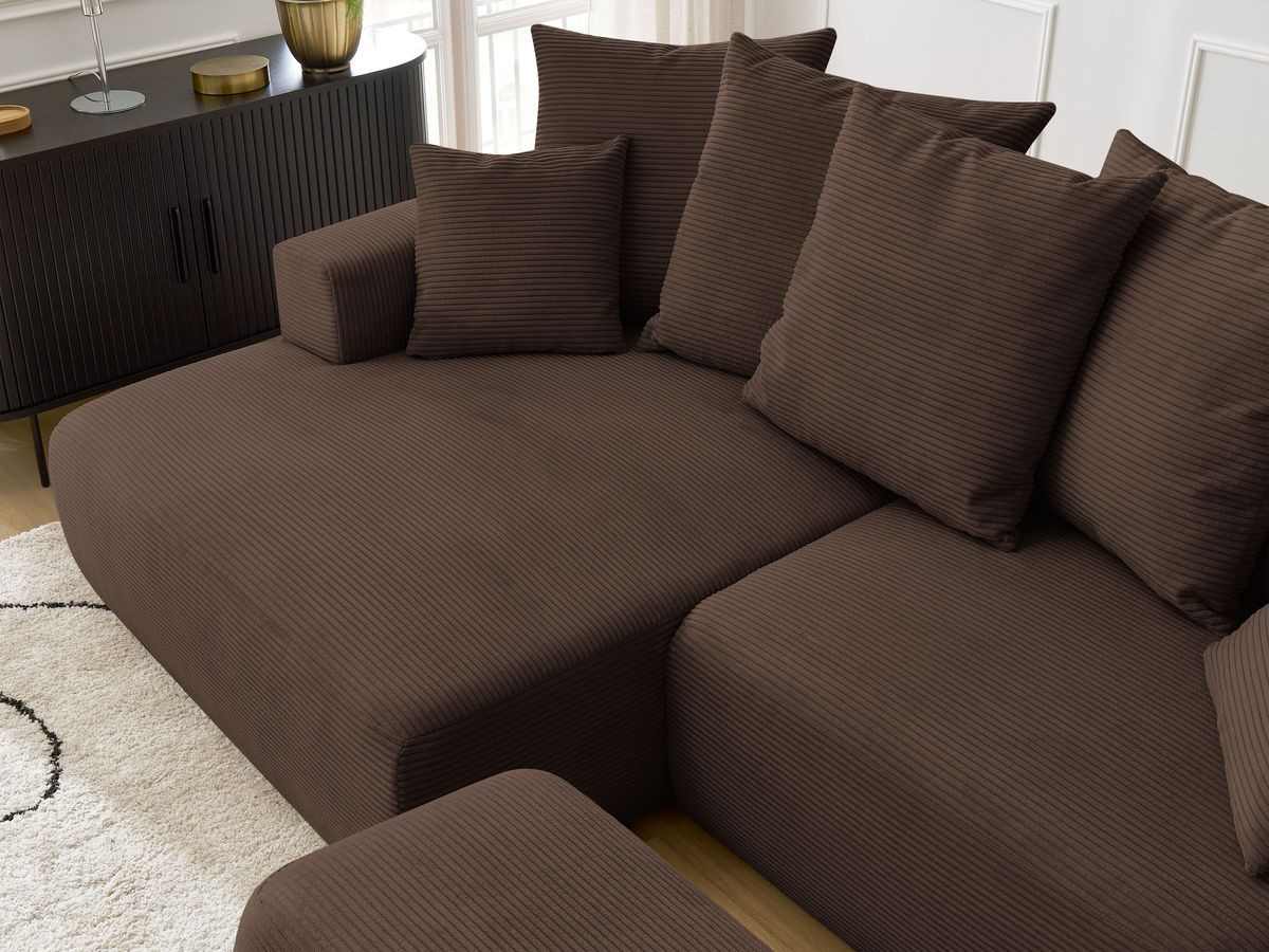 Bobochic Atilla Ecksofa mit Schlaffunktion und Bettkasten und Pouf Cordsamt Braun Ecke links