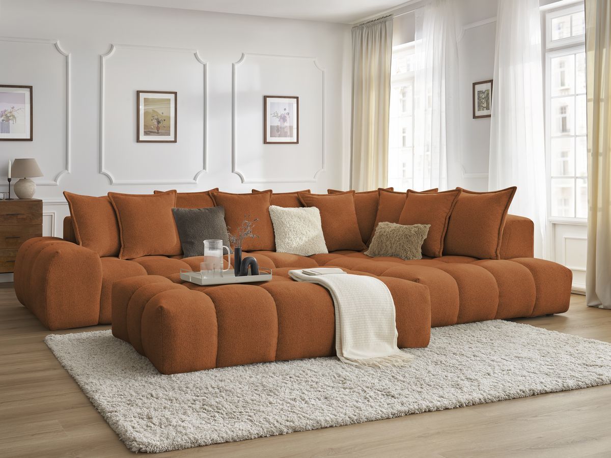 Bobochic Everest Ecksofa mit Schlaffunktion und Pouf, 10 Kissen Melange-Stoff Orange Ecke rechts