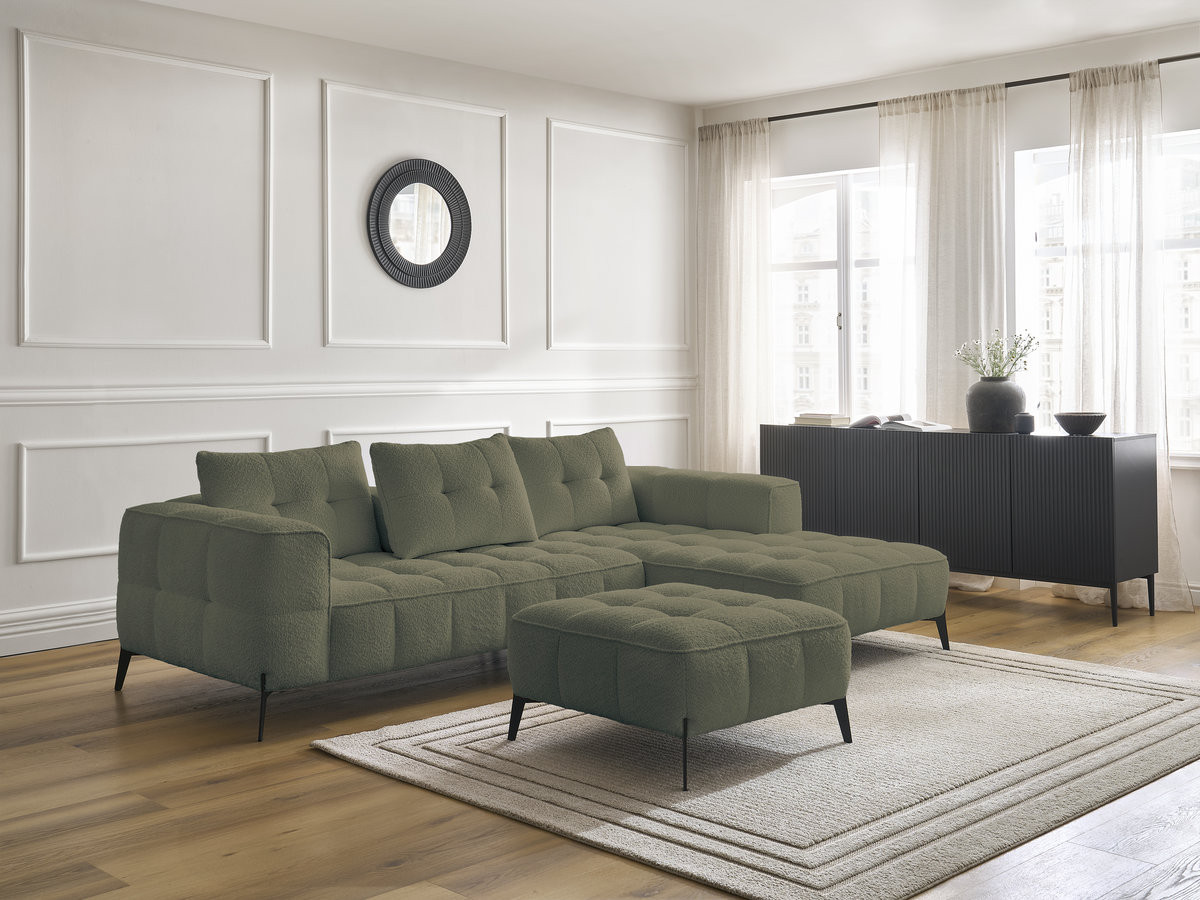Bobochic Anis Ecksofa mit Pouf Bouclé-Stoff Grün Ecke rechts