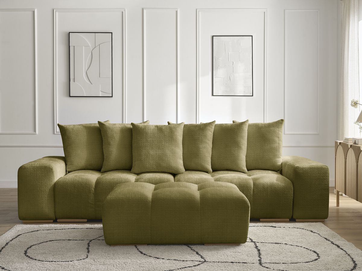 Bobochic Anakin Sofa 3-Sitzer mit Pouf, 6 Kissen Strukturstoff Grün