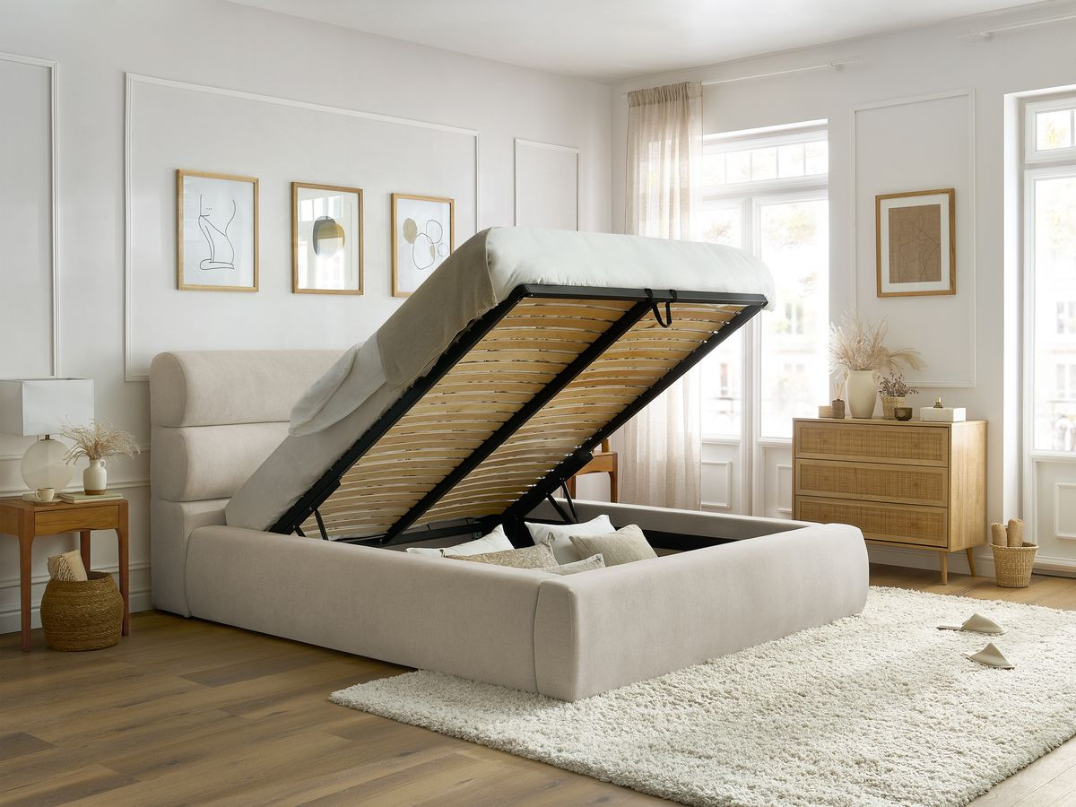 Bobochic Jagna Polsterbett mit Bettkasten Stoff Beige, Liegefläche 140 × 190 cm