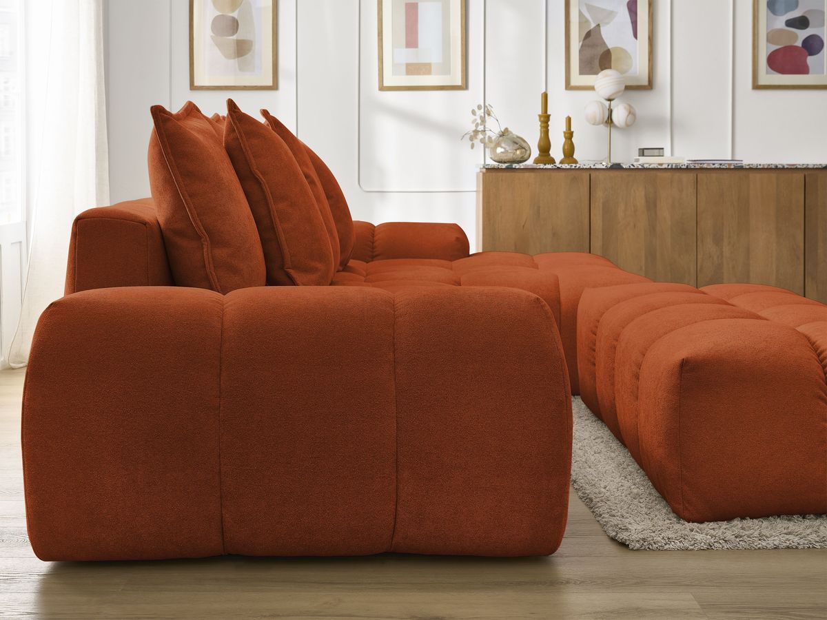 Bobochic Everest Ecksofa mit Schlaffunktion und Bettkasten und Pouf 318 × 180 cm, 7 Kissen Strukturstoff Orange Ecke rechts