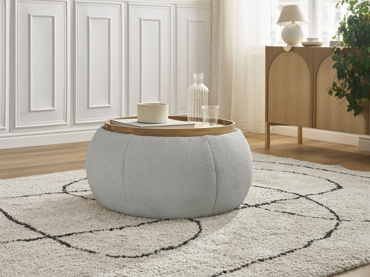 Bobochic Hayden Pouf mit Tablett, rund Bouclé-Stoff Hellgrau, 77 cm