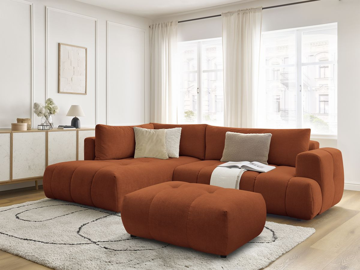 Bobochic Fuji Ecksofa mit Schlaffunktion und Bettkasten und Pouf 282 × 204 cm Stoff Orange Ecke links