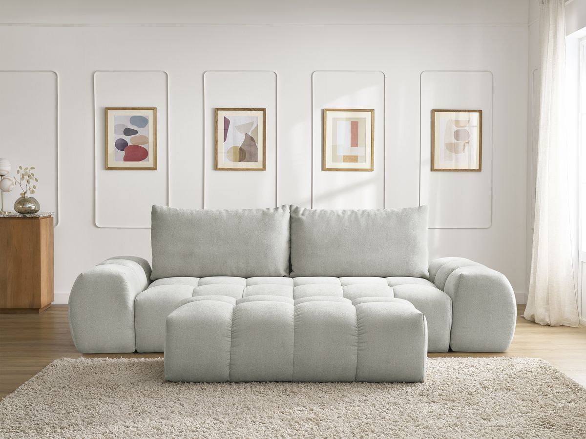 Bobochic Everest Sofa 3-Sitzer mit Pouf, 2 Kissen Strukturstoff Hellgrau