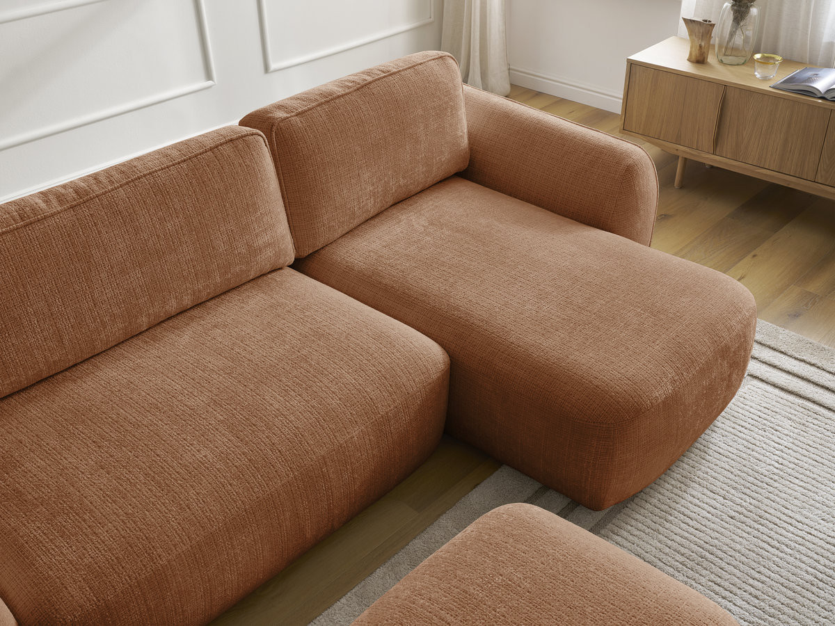 Bobochic Denise Ecksofa mit Schlaffunktion und Bettkasten und Pouf 258 × 160 cm Strukturstoff Orange Ecke rechts