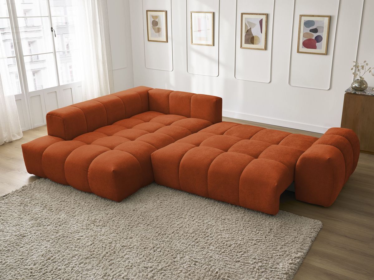 Bobochic Everest Ecksofa mit Schlaffunktion und Bettkasten 320 × 212 cm, 10 Kissen Strukturstoff Orange Ecke links