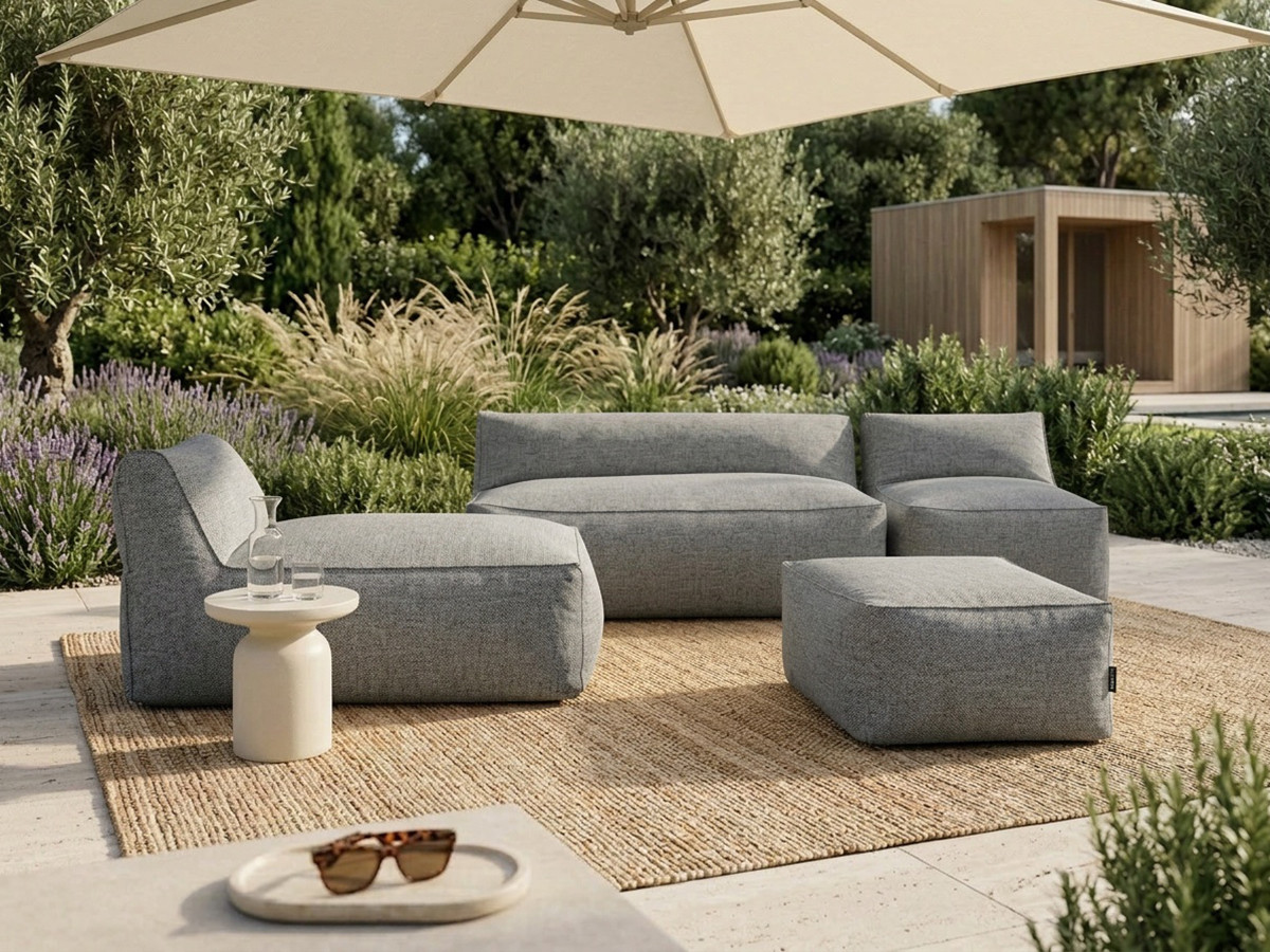 Bobochic Riviera Gartensofa 5-Sitzer mit Pouf Stoff Dunkelgrau