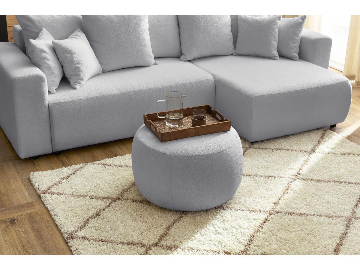 Bobochic Envy Ecksofa mit Schlaffunktion und Bettkasten und rundem Pouf Bouclé-Stoff Hellgrau