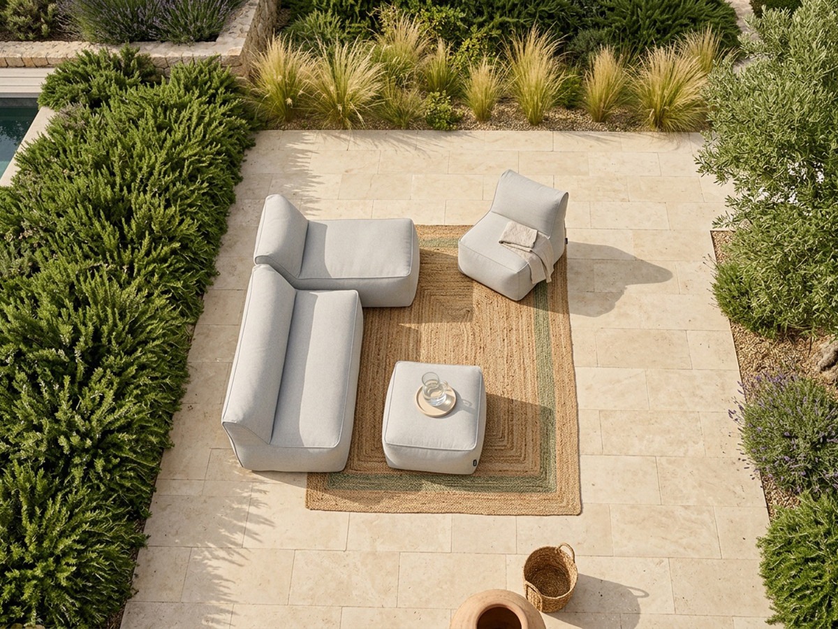 Bobochic Riviera Gartensofa 5-Sitzer mit Pouf Stoff Hellgrau