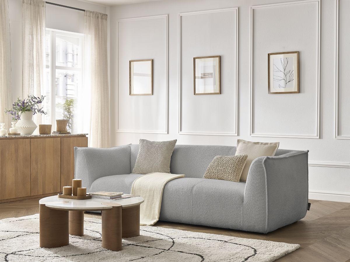 Bobochic Giorgia Sofa 3-Sitzer Bouclé-Stoff Hellgrau