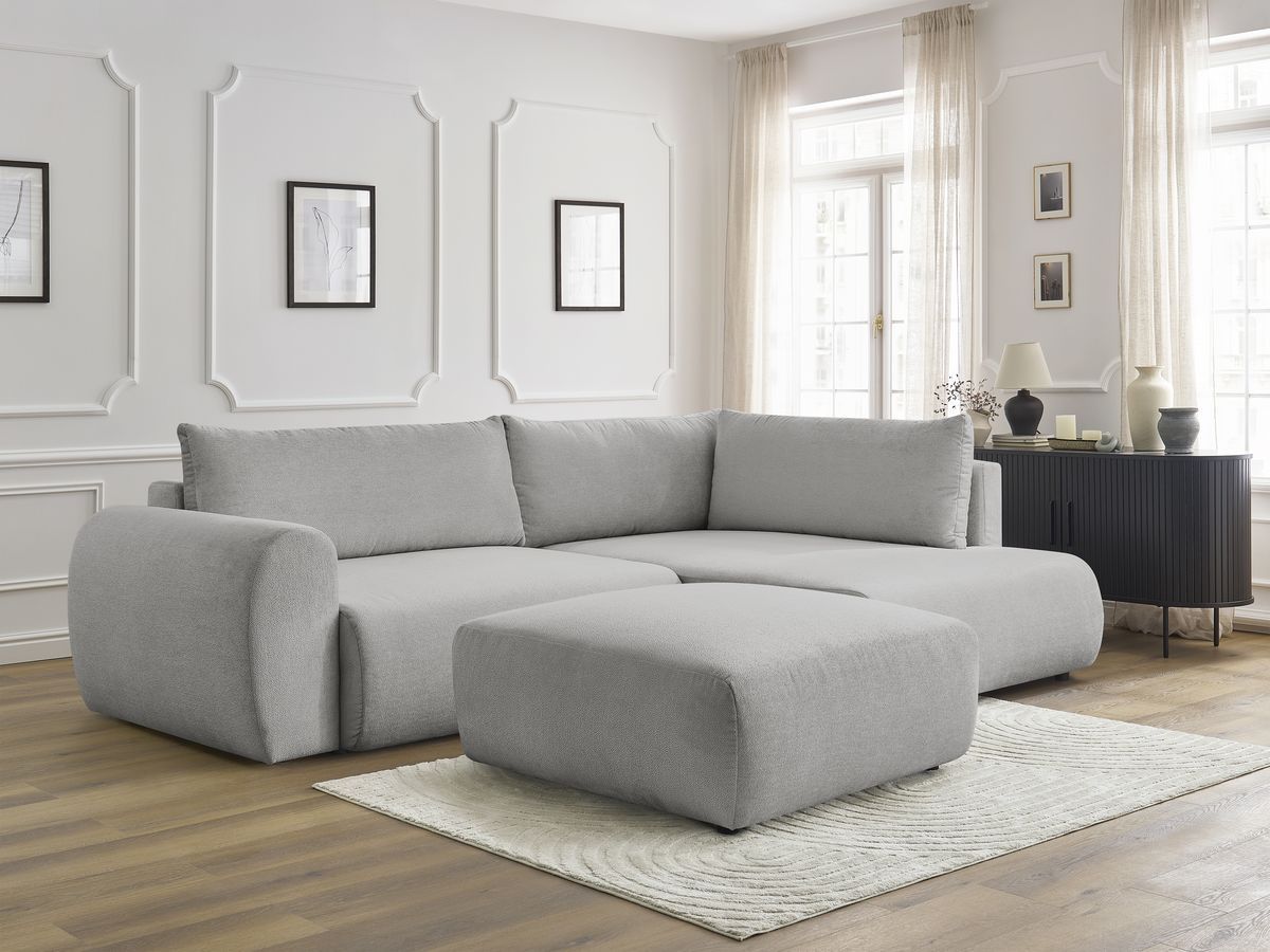 Bobochic Lucien Ecksofa mit Schlaffunktion und Bettkasten und Pouf 296 × 198 cm Stoff Hellgrau Ecke rechts