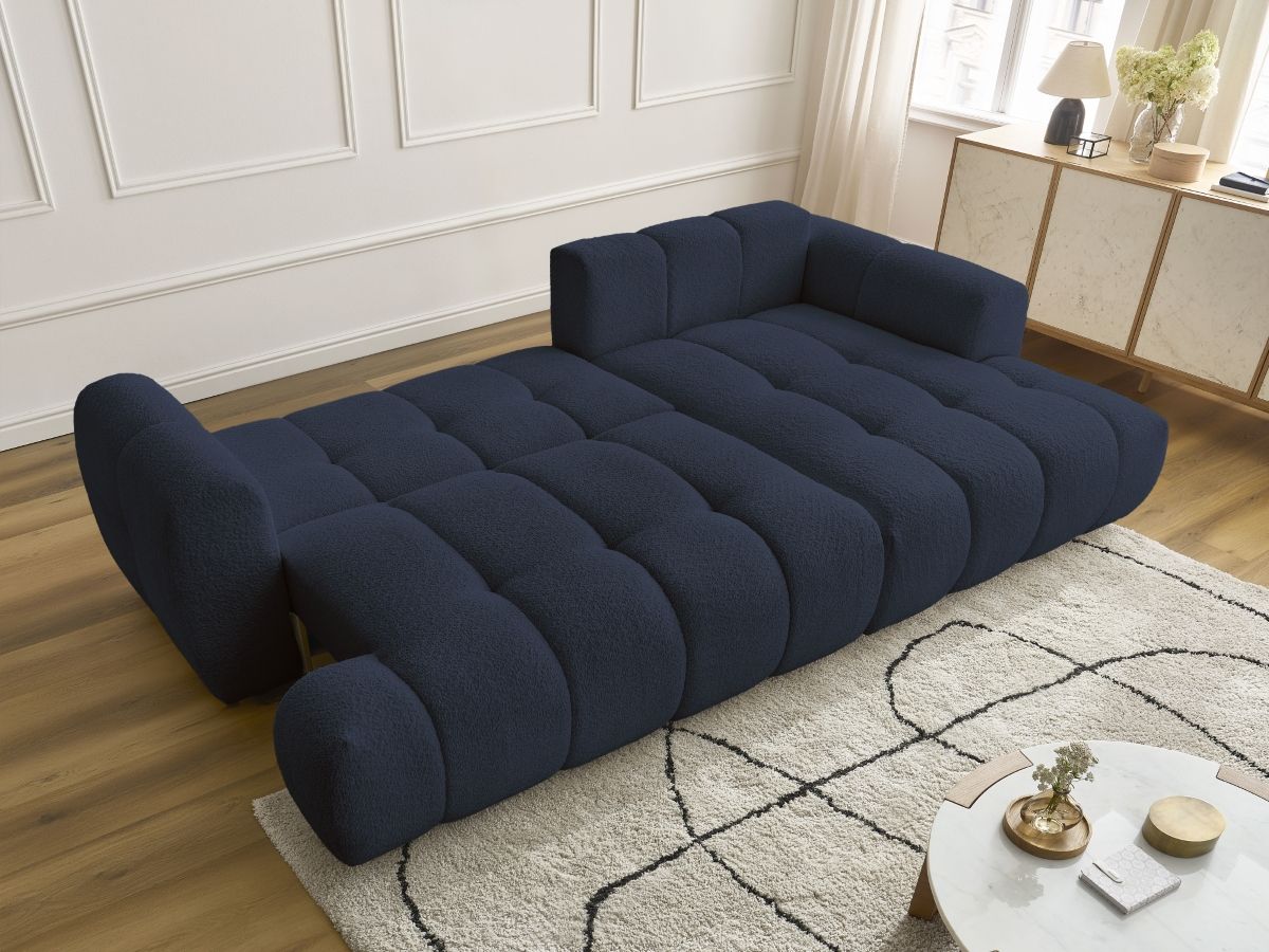 Bobochic Fuji Ecksofa mit Schlaffunktion und Bettkasten 292 × 160 cm Bouclé-Stoff Dunkelblau Ecke rechts
