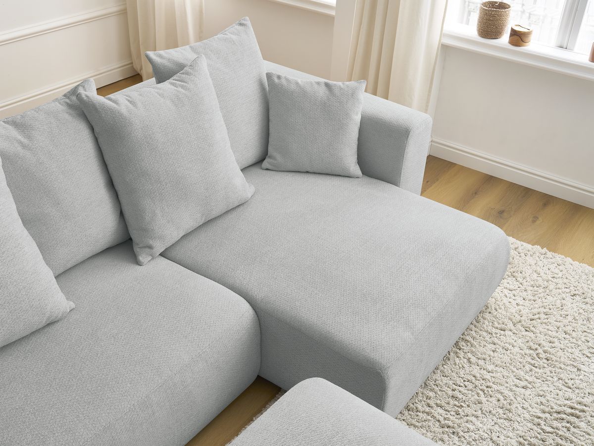 Bobochic Sidonie Ecksofa mit Schlaffunktion und Bettkasten und Pouf Melange-Stoff Hellgrau