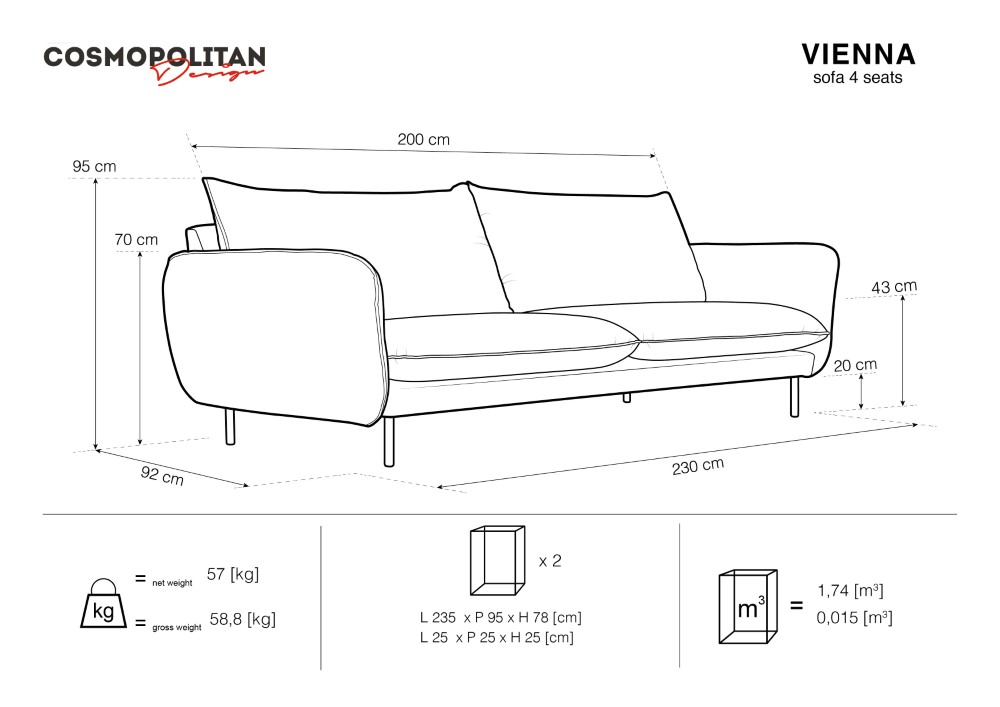 Cosmopolitan Design Sofa Vienna 4-Sitzer Strukturierter Stoff Positano Beige Beine Schwarzes Metall