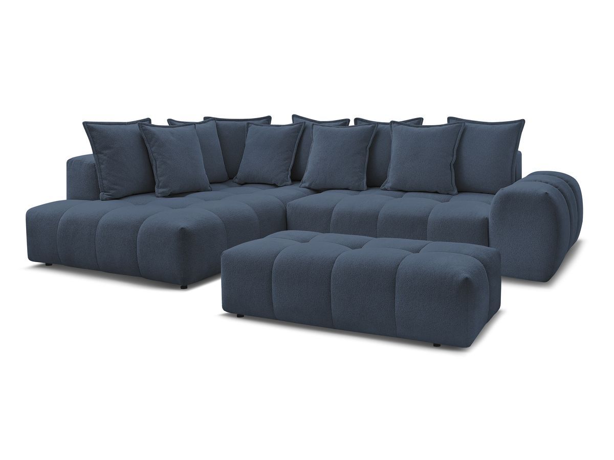 Bobochic Everest Ecksofa mit Schlaffunktion und Bettkasten und Pouf 320 × 212 cm, 10 Kissen Melange-Stoff Dunkelblau Ecke links