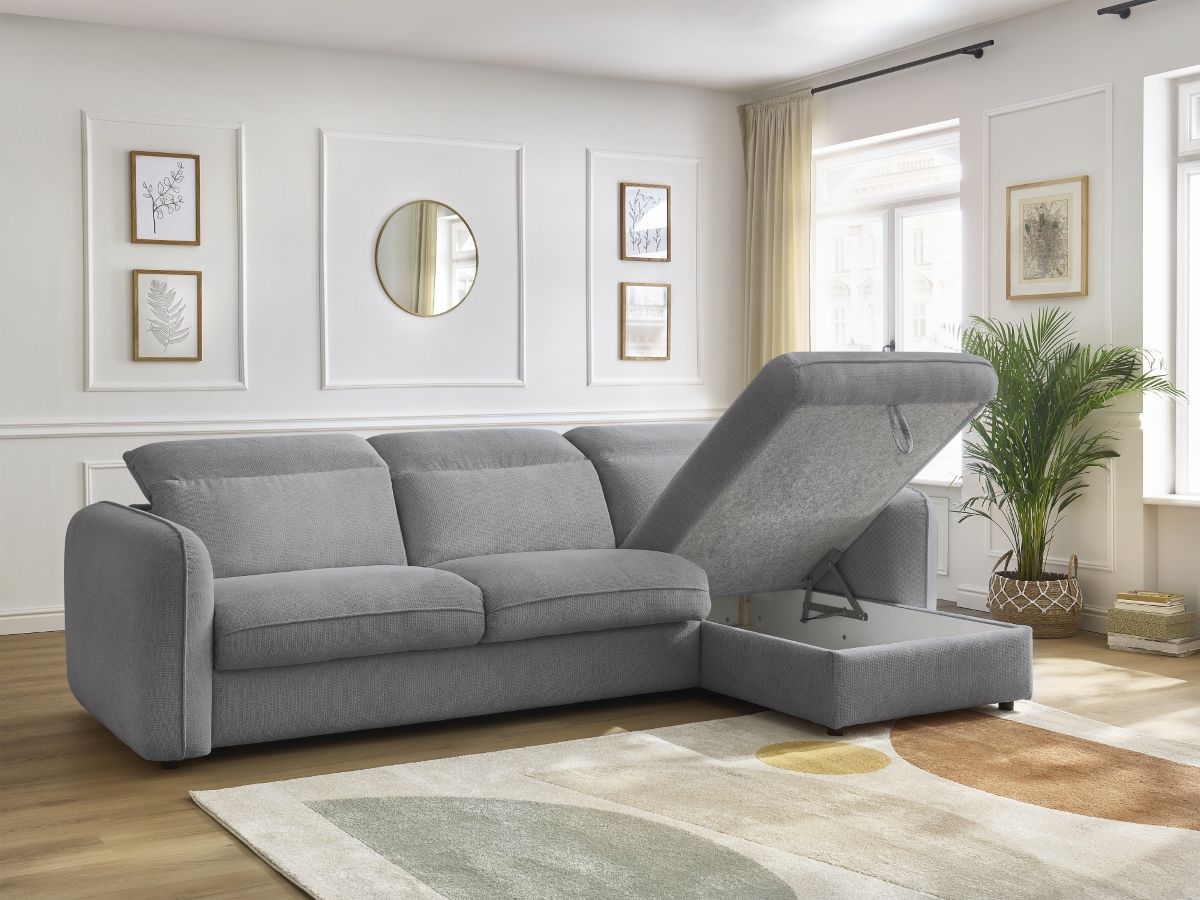 Bobochic Achille Ecksofa mit Schlaffunktion und Bettkasten Melange-Stoff Hellgrau, Liegefläche 160 × 200 cm
