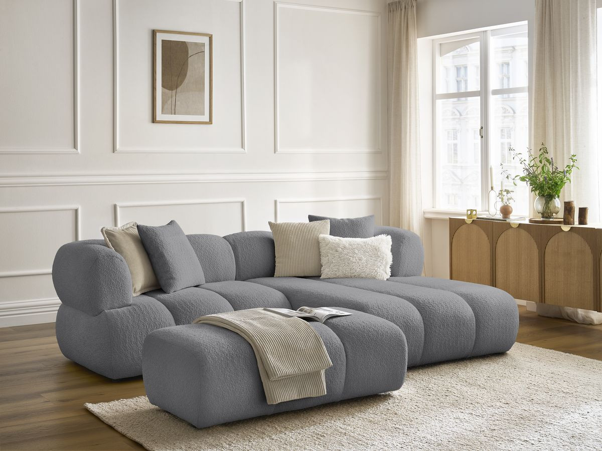 Bobochic Pamira Ecksofa mit Pouf Bouclé-Stoff Dunkelgrau Ecke rechts