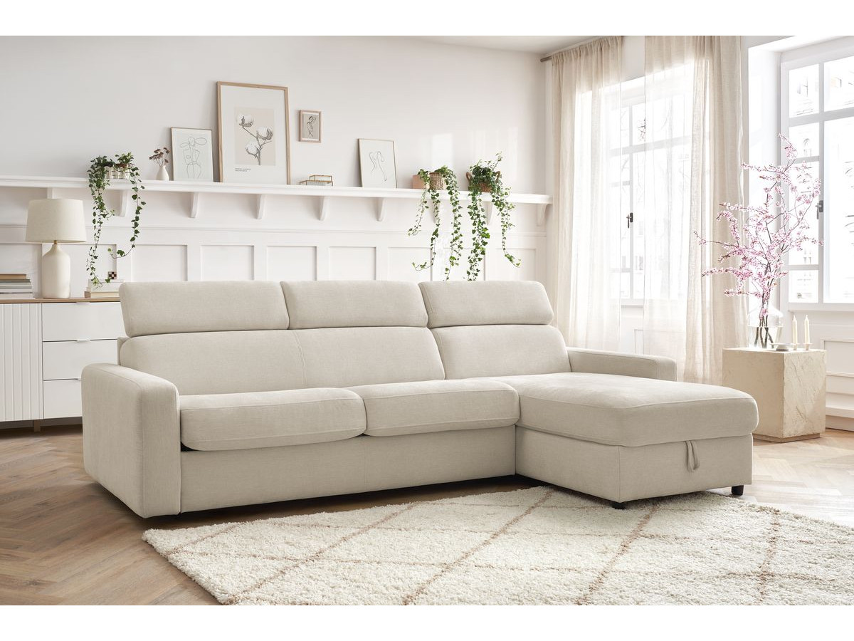 Bobochic Monaco Ecksofa mit Schlaffunktion und Bettkasten Stoff Beige, Liegefläche 140 × 190 cm