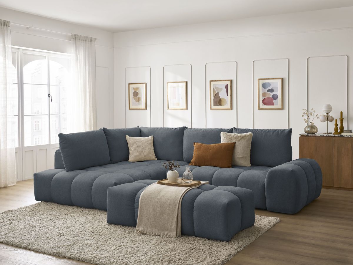 Bobochic Everest Ecksofa mit Schlaffunktion und Bettkasten und Pouf 320 × 212 cm, 5 Kissen Strukturstoff Dunkelblau Ecke links