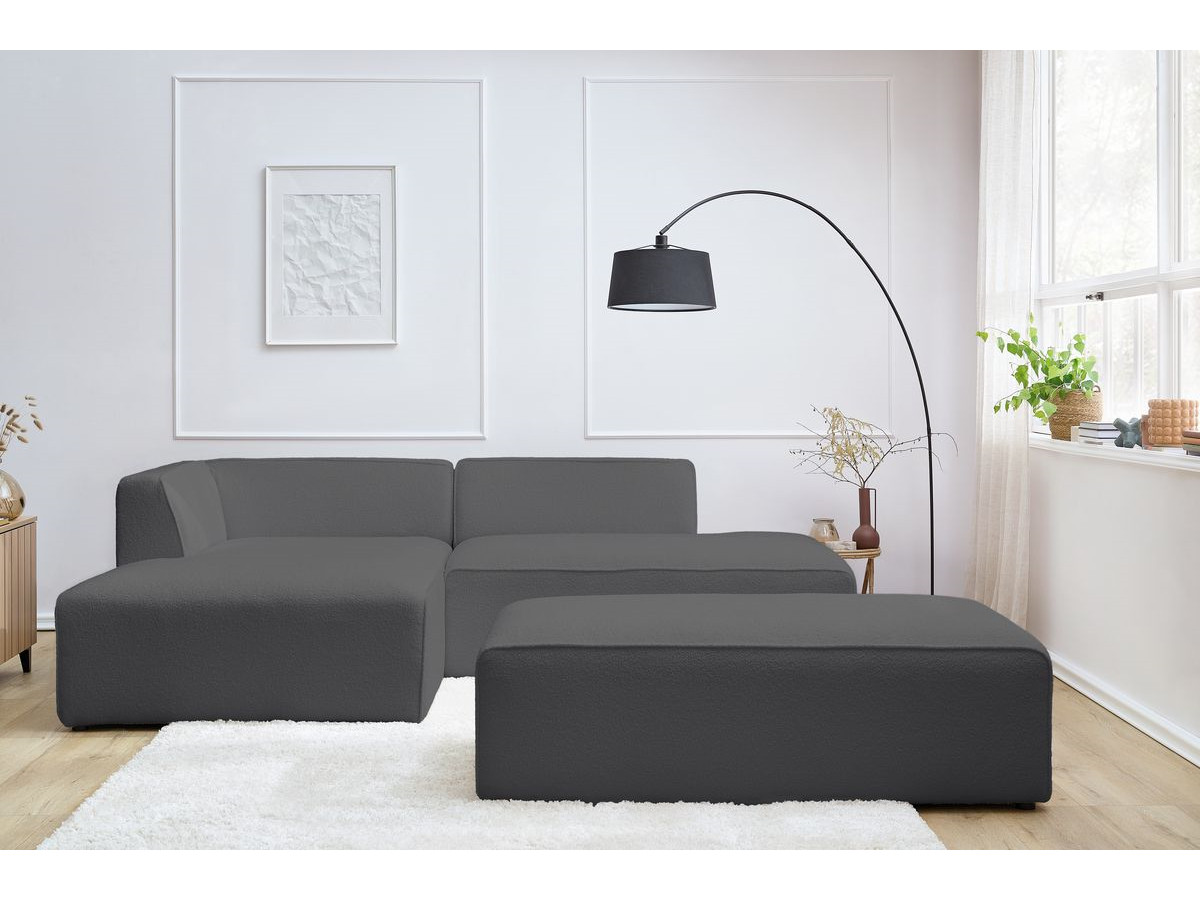 Bobochic Megeve Ecksofa mit Schlaffunktion und Pouf Bouclé-Stoff Dunkelgrau Ecke links