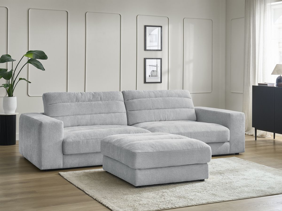 Bobochic Sierra Sofa 3-Sitzer mit Pouf Strukturstoff Hellgrau