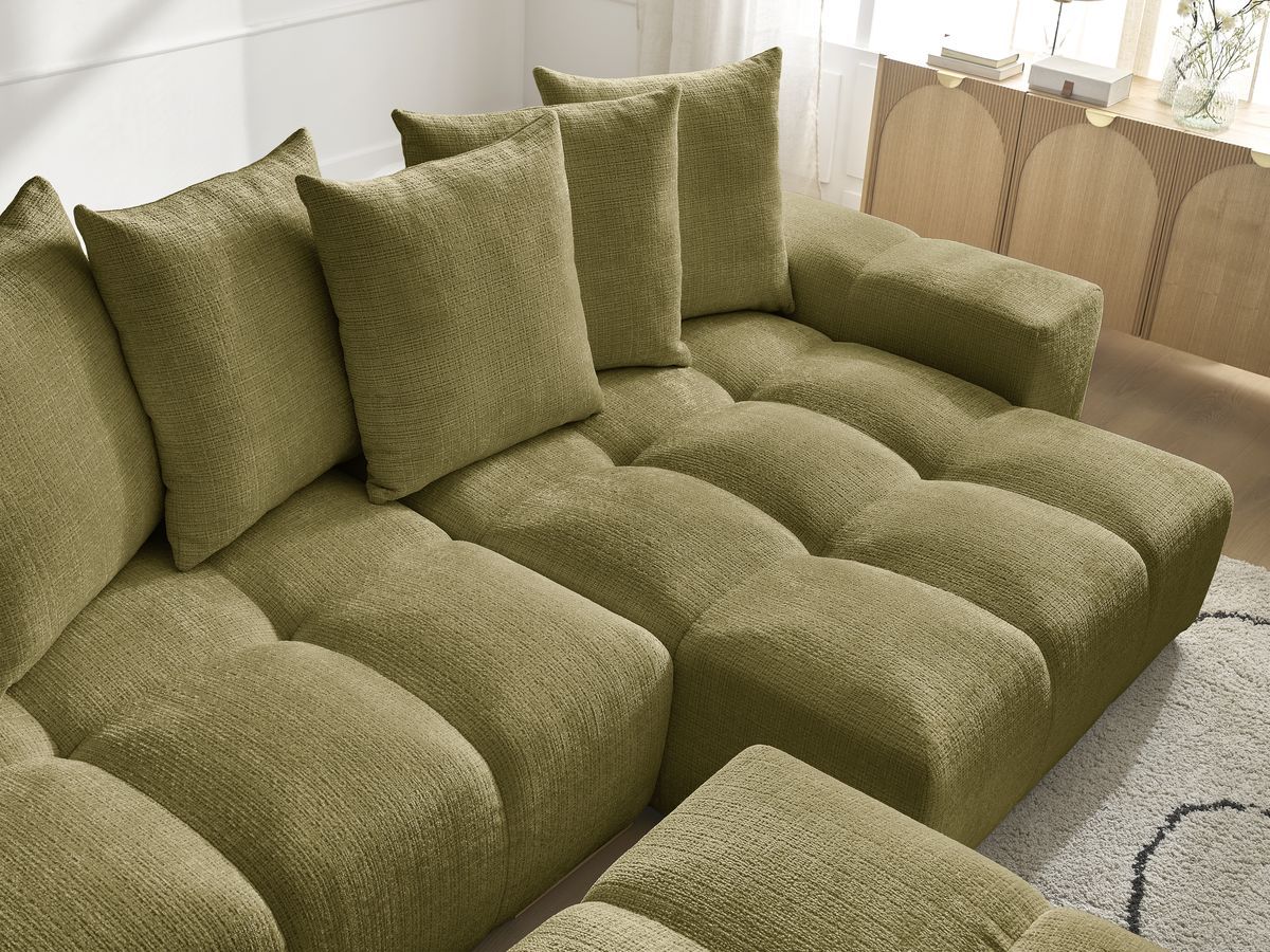 Bobochic Anakin Ecksofa mit Schlaffunktion und Bettkasten und Pouf, 6 Kissen Strukturstoff Grün