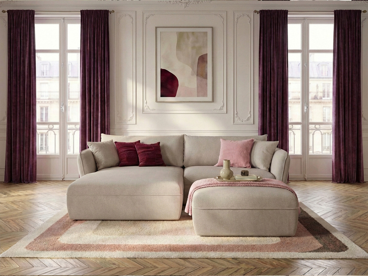Bobochic Luigi Ecksofa mit Pouf Strukturstoff Beige Ecke links